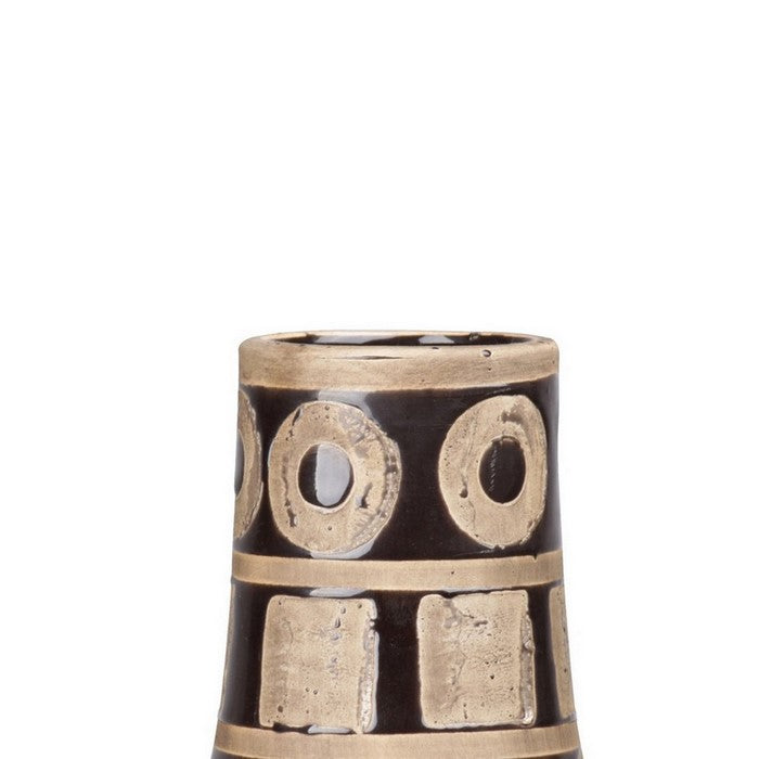 Ceramic Round Vase with Tribal Pattern and Tapered Bottom, Set of 2, Brown