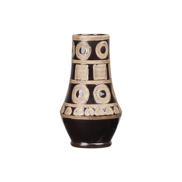 Ceramic Round Vase with Tribal Pattern and Tapered Bottom, Set of 2, Brown