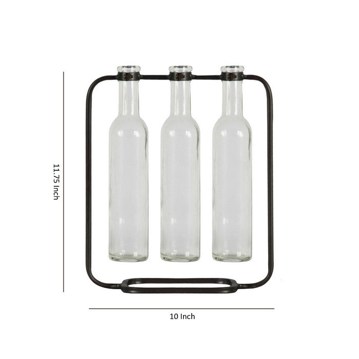 Cluster Hanging Bud Vase Holder with 3 Tall Glass Bottles, Set of 2, Gray