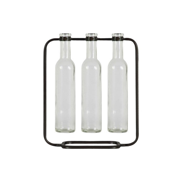 Cluster Hanging Bud Vase Holder with 3 Tall Glass Bottles, Set of 2, Gray