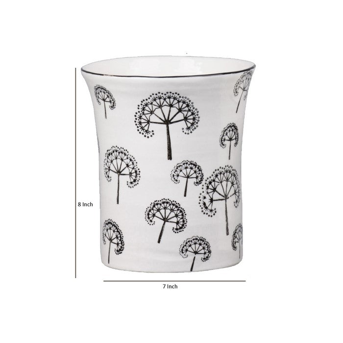 Ceramic Cylindrical Pot with Printed Dandelion Pattern, Set of 4, White