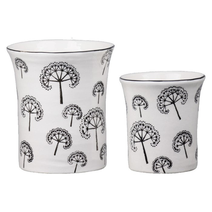 Ceramic Cylindrical Pot with Printed Dandelion Pattern, Set of 4, White