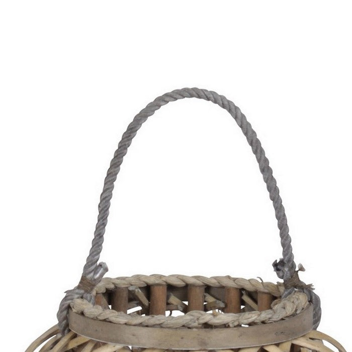Round Bamboo Lantern with Lattice Design and Rope Handle, Set of 2, Brown