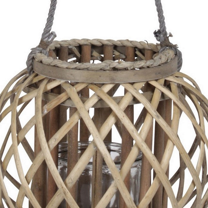 Round Bamboo Lantern with Lattice Design and Rope Handle, Set of 2, Brown