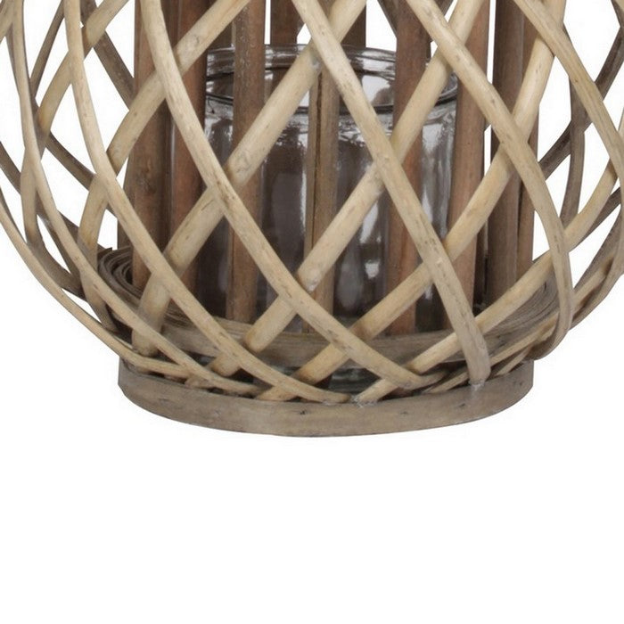 Round Bamboo Lantern with Lattice Design and Rope Handle, Set of 2, Brown