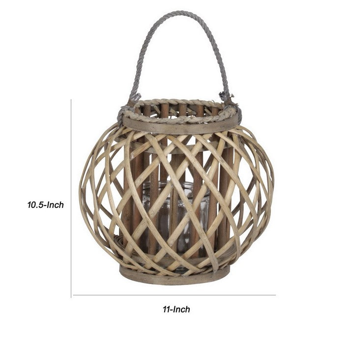 Round Bamboo Lantern with Lattice Design and Rope Handle, Set of 2, Brown