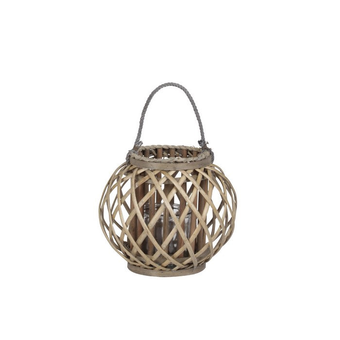 Round Bamboo Lantern with Lattice Design and Rope Handle, Set of 2, Brown