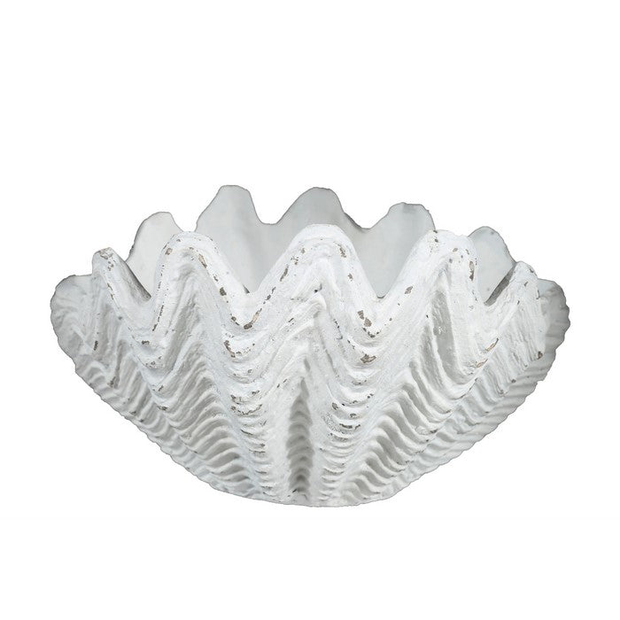 Polyresin Shell Vase with Flat Base and Rough Body, Large, Distressed White