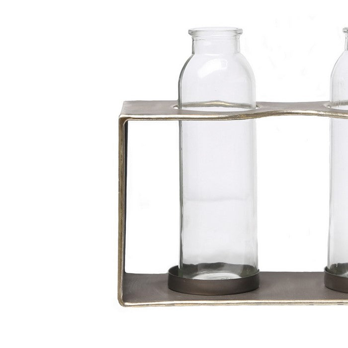 Metal Rectangular Bud Vase Holder with 3 Glass Bottles, Set of 2, Copper