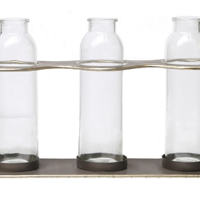 Metal Rectangular Bud Vase Holder with 3 Glass Bottles, Set of 2, Copper