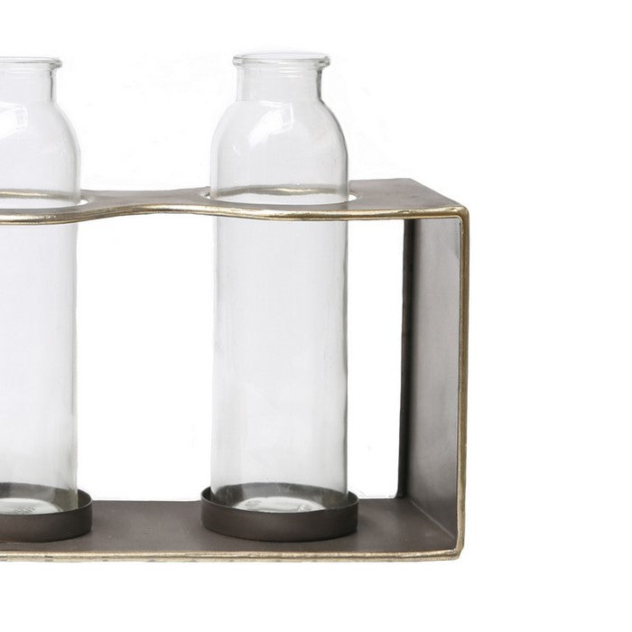 Metal Rectangular Bud Vase Holder with 3 Glass Bottles, Set of 2, Copper