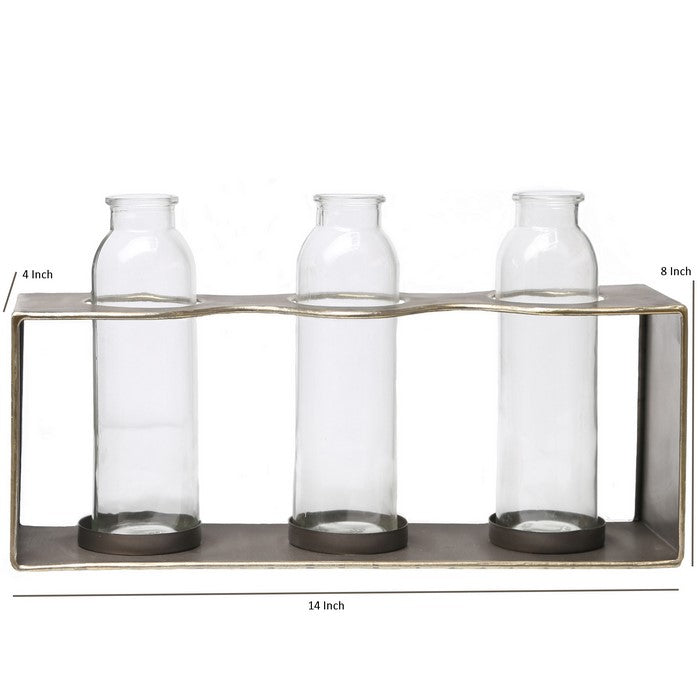 Metal Rectangular Bud Vase Holder with 3 Glass Bottles, Set of 2, Copper