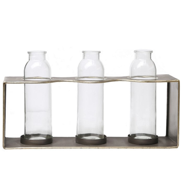 Metal Rectangular Bud Vase Holder with 3 Glass Bottles, Set of 2, Copper