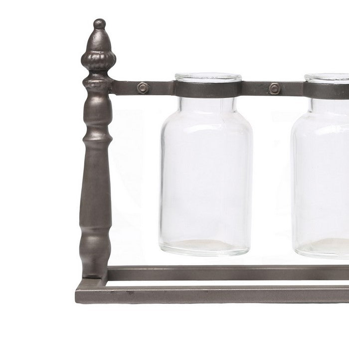 Metal Bud Vase Holder with 3 Hanging Glass Bottles, Set of 2, Copper