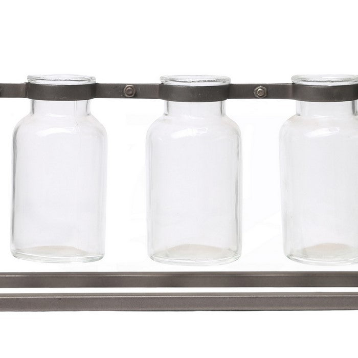 Metal Bud Vase Holder with 3 Hanging Glass Bottles, Set of 2, Copper
