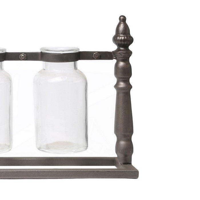 Metal Bud Vase Holder with 3 Hanging Glass Bottles, Set of 2, Copper