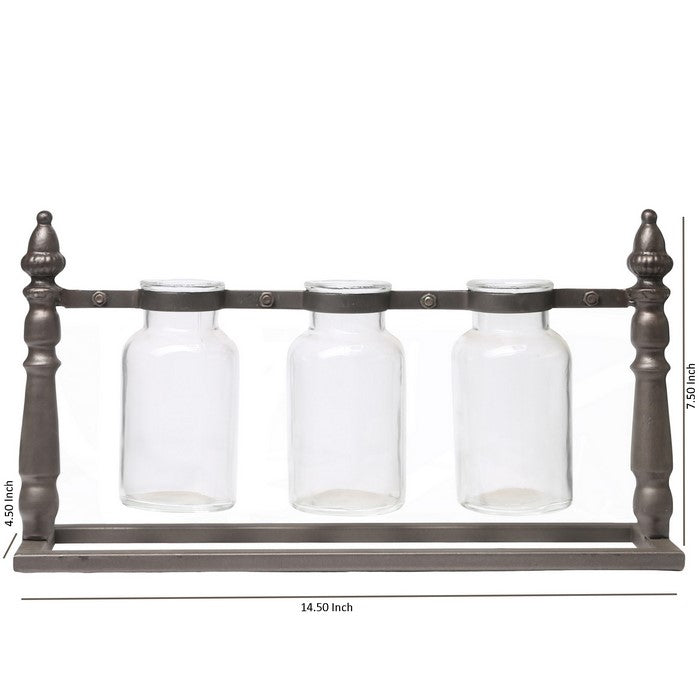 Metal Bud Vase Holder with 3 Hanging Glass Bottles, Set of 2, Copper