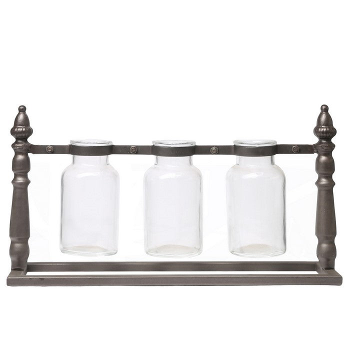 Metal Bud Vase Holder with 3 Hanging Glass Bottles, Set of 2, Copper