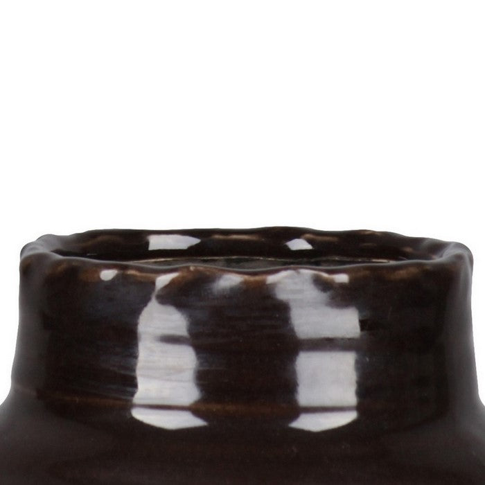 Ceramic Vase with Short Neck and Banded Tribal Bottom, Set of 2, Brown