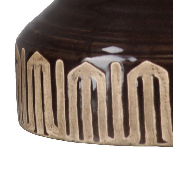 Ceramic Vase with Short Neck and Banded Tribal Bottom, Set of 2, Brown
