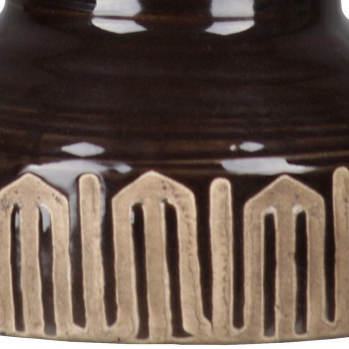 Ceramic Vase with Short Neck and Banded Tribal Bottom, Set of 2, Brown