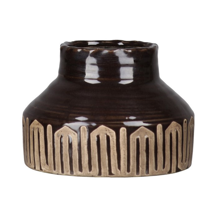 Ceramic Vase with Short Neck and Banded Tribal Bottom, Set of 2, Brown