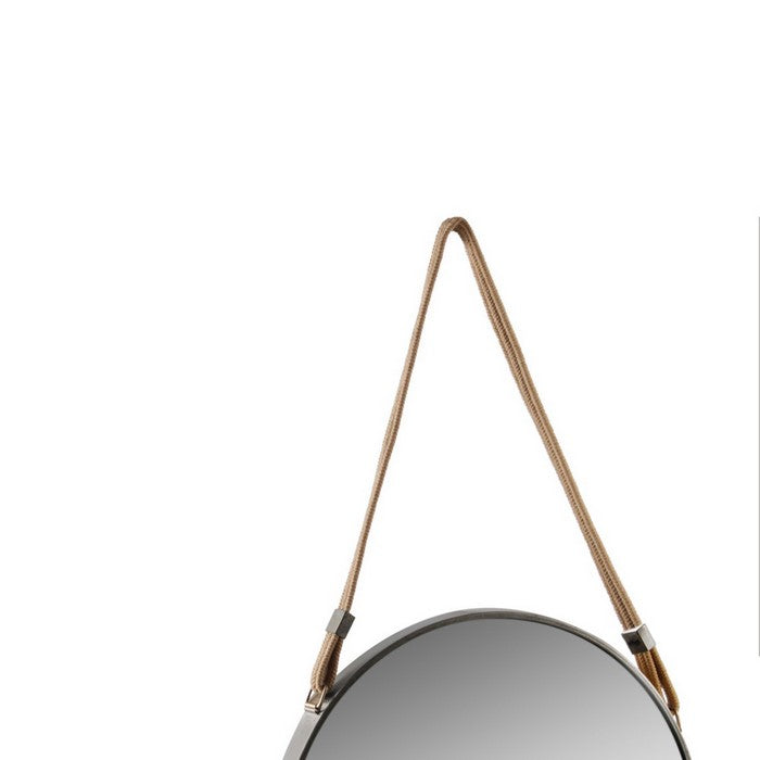 Round Metal Encased Wall Mirror with Rope Hanger, Black and Silver