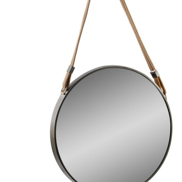 Round Metal Encased Wall Mirror with Rope Hanger, Black and Silver