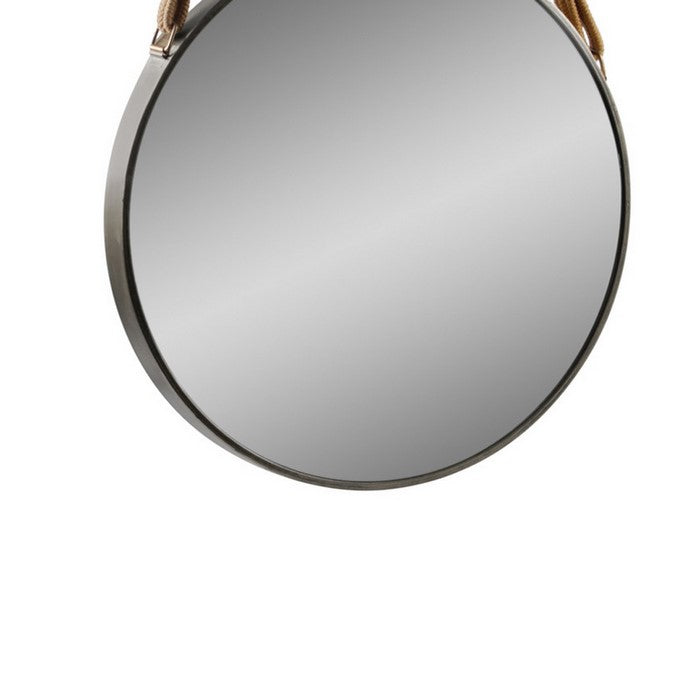 Round Metal Encased Wall Mirror with Rope Hanger, Black and Silver