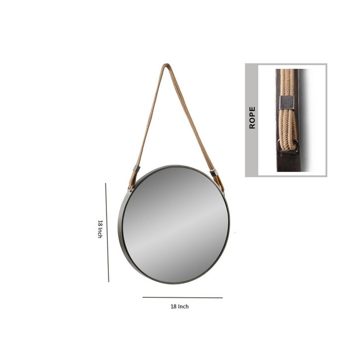 Round Metal Encased Wall Mirror with Rope Hanger, Black and Silver
