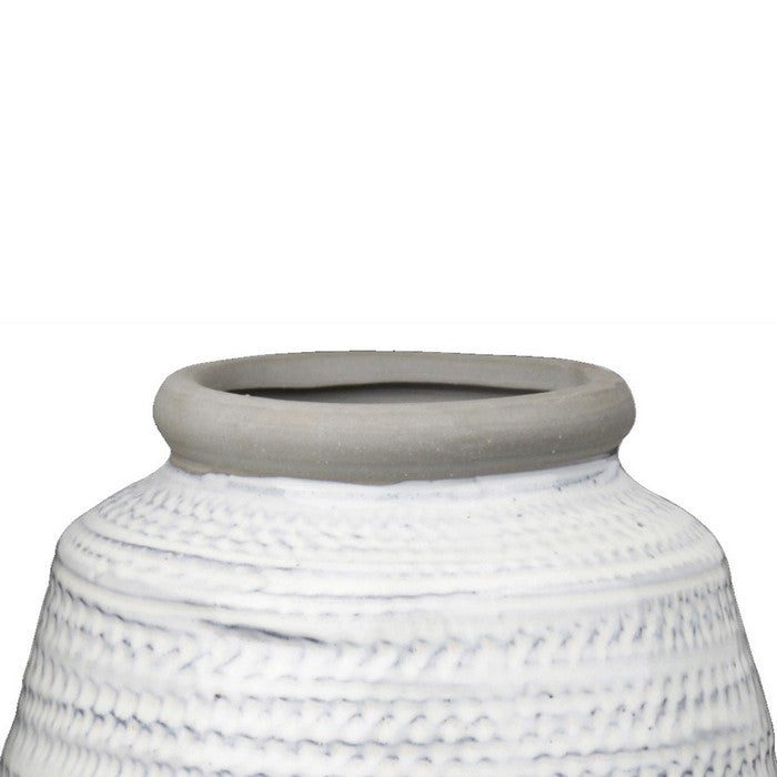 Ceramic Bellied Pot with Etched Glazed Body, Large, Set of 2, White