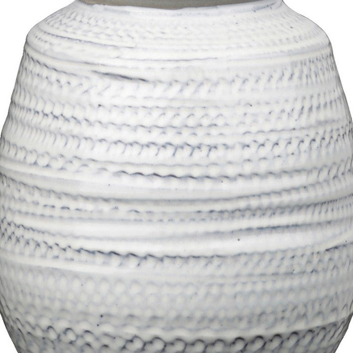Ceramic Bellied Pot with Etched Glazed Body, Large, Set of 2, White