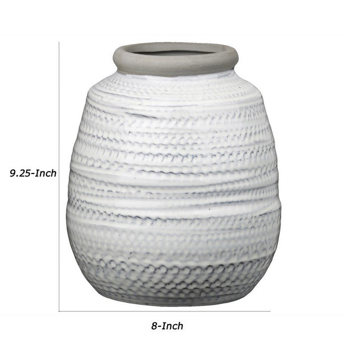 Ceramic Bellied Pot with Etched Glazed Body, Large, Set of 2, White