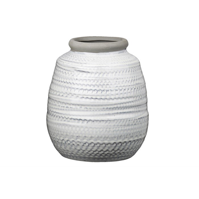 Ceramic Bellied Pot with Etched Glazed Body, Large, Set of 2, White