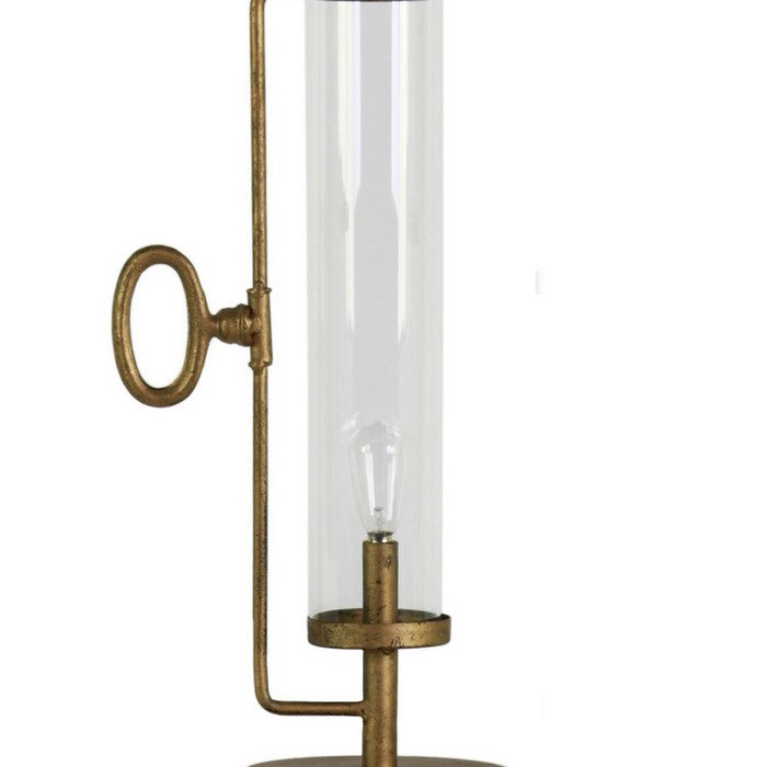 Metal Round Lantern with Glass Cylinder Hurricane, Set of 2, Antique Gold