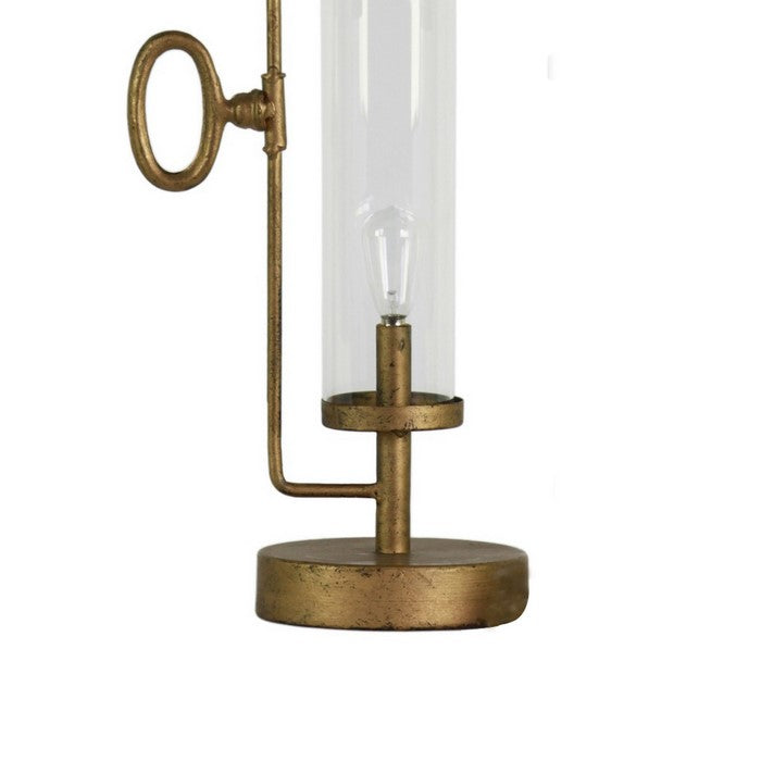 Metal Round Lantern with Glass Cylinder Hurricane, Set of 2, Antique Gold