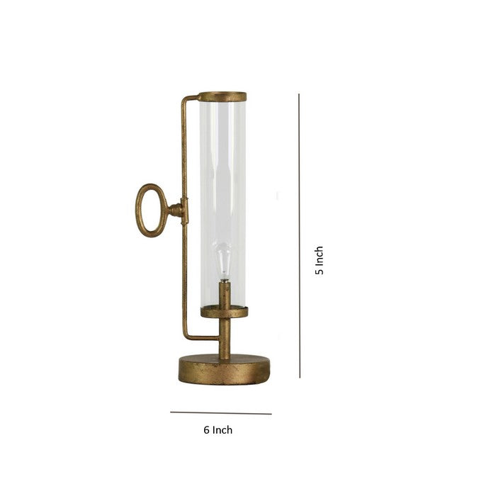 Metal Round Lantern with Glass Cylinder Hurricane, Set of 2, Antique Gold