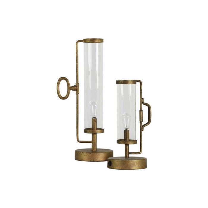 Metal Round Lantern with Glass Cylinder Hurricane, Set of 2, Antique Gold