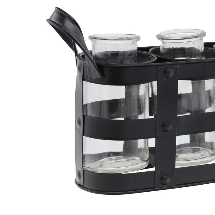 Metal Bud Vase Holder with 3 Glass Bottles and Side Handles,Set of 2, Black