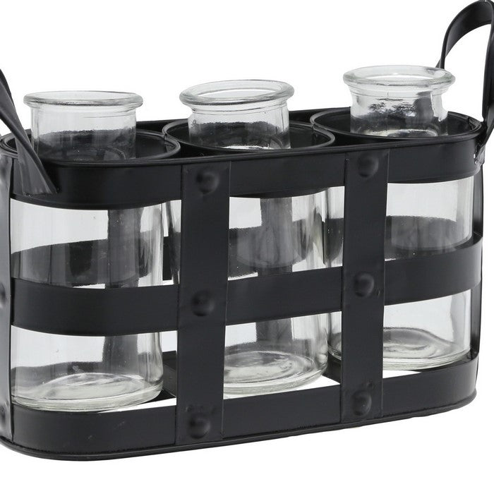 Metal Bud Vase Holder with 3 Glass Bottles and Side Handles,Set of 2, Black