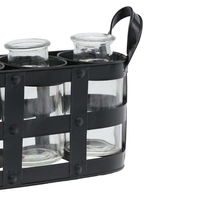 Metal Bud Vase Holder with 3 Glass Bottles and Side Handles,Set of 2, Black