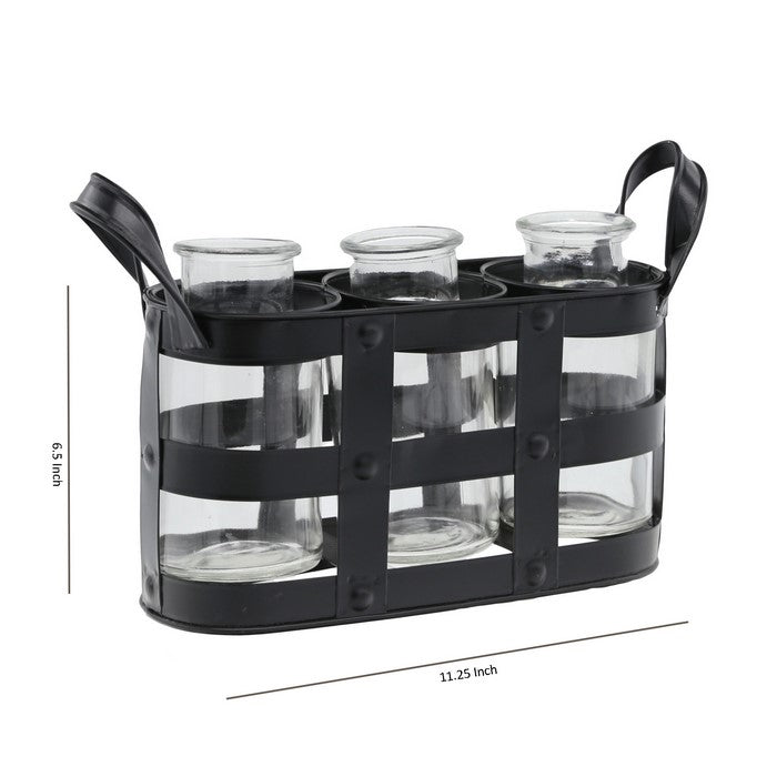 Metal Bud Vase Holder with 3 Glass Bottles and Side Handles,Set of 2, Black