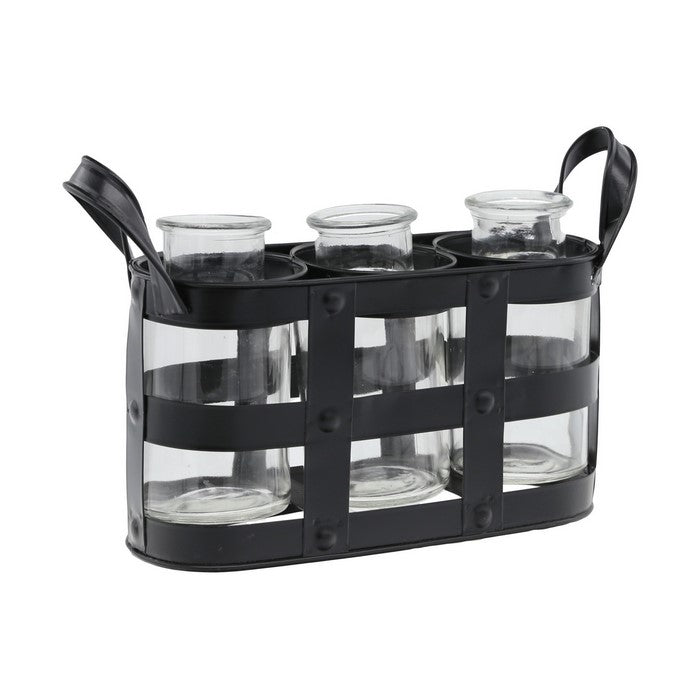 Metal Bud Vase Holder with 3 Glass Bottles and Side Handles,Set of 2, Black