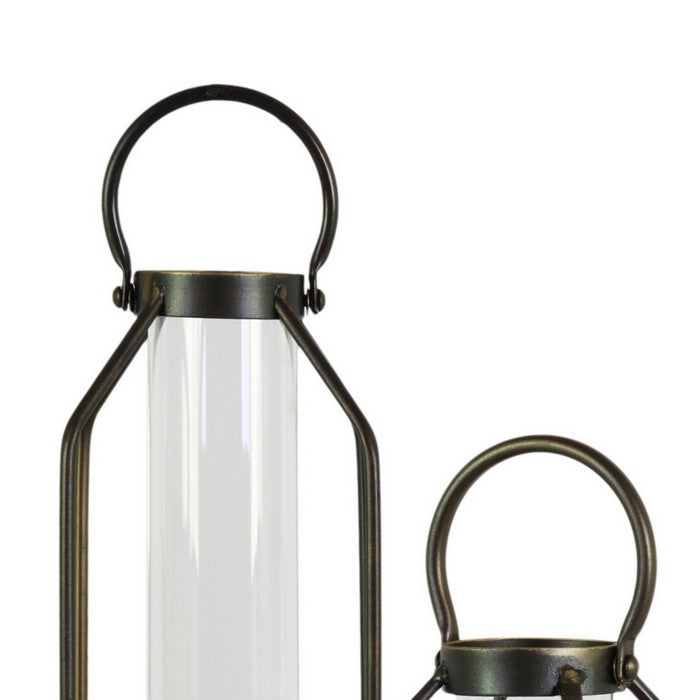 Metal Lantern with Glass Cylinder Hurricane, Set of 2, Antique Gold