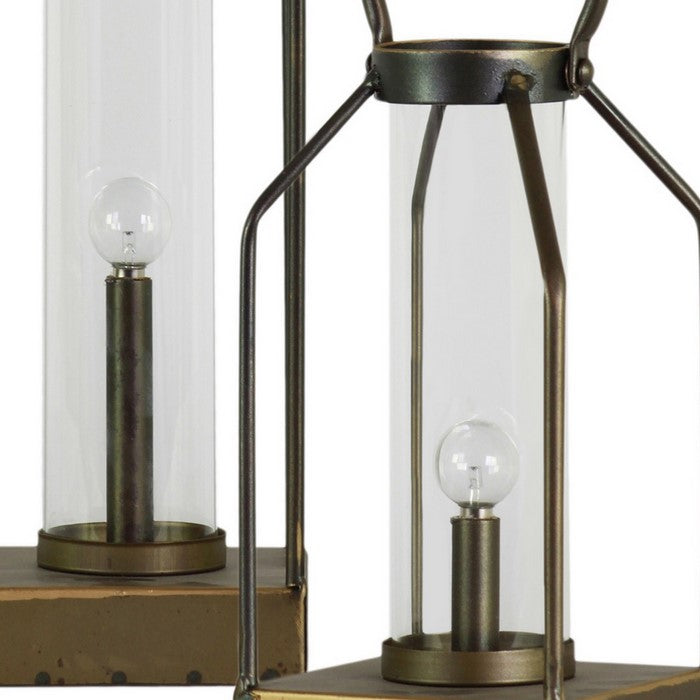 Metal Lantern with Glass Cylinder Hurricane, Set of 2, Antique Gold