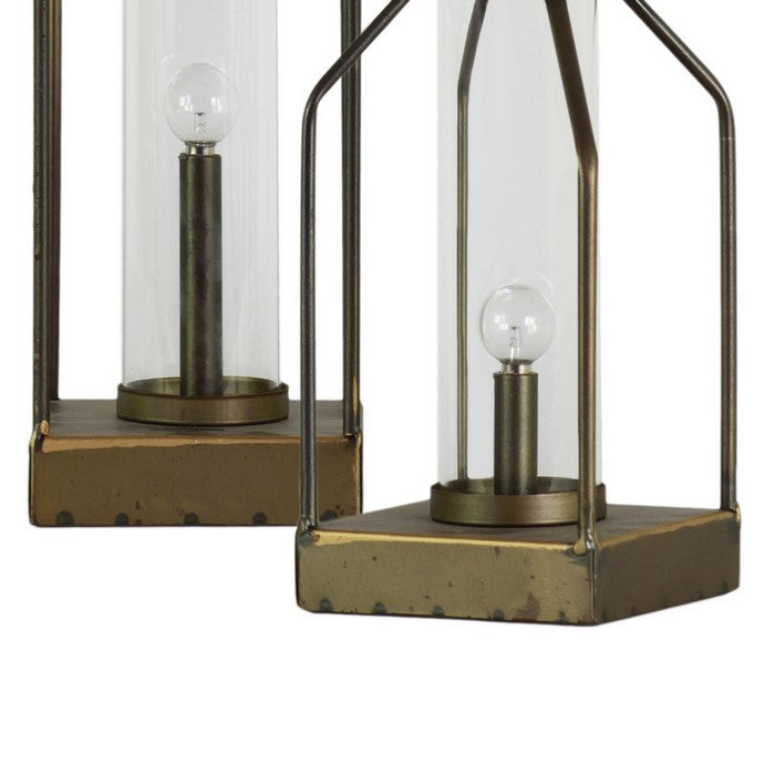 Metal Lantern with Glass Cylinder Hurricane, Set of 2, Antique Gold