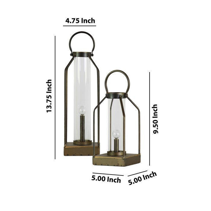 Metal Lantern with Glass Cylinder Hurricane, Set of 2, Antique Gold