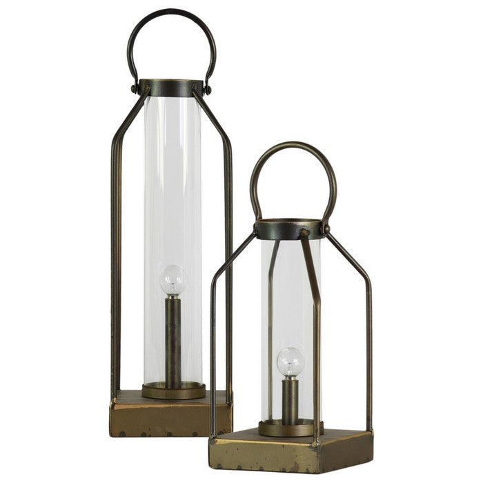 Metal Lantern with Glass Cylinder Hurricane, Set of 2, Antique Gold