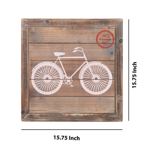 Square Wall Art with Printed Bicycle and Plank Frame, Set of 2, Brown