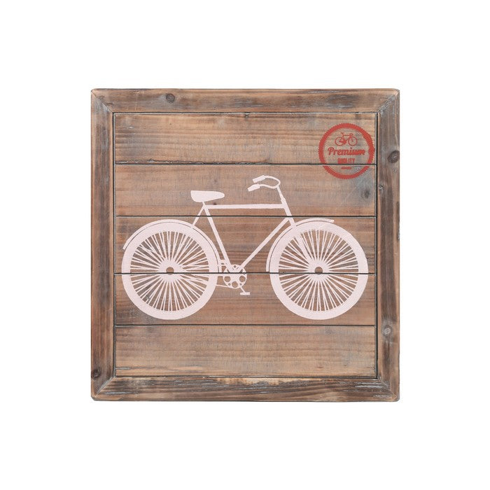 Square Wall Art with Printed Bicycle and Plank Frame, Set of 2, Brown